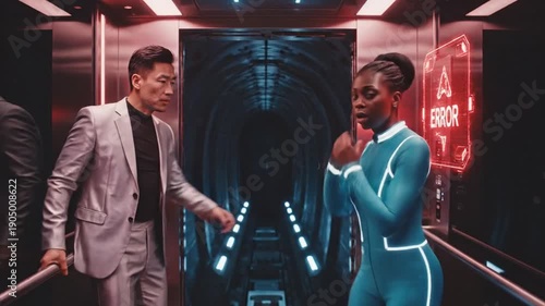 Futuristic Man and Woman in a High-Tech Corridor.
