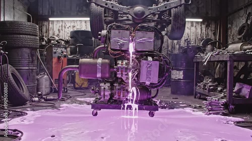 Car engine repair in a garage with leaking purple fluid.