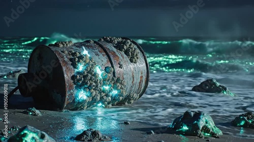 Polluted beach with toxic waste barrel and glowing chemical residue.