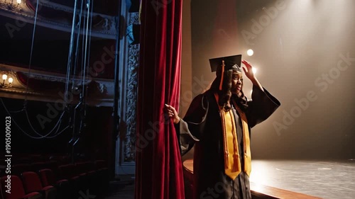Graduate in academic regalia standing on stage with red curtain.