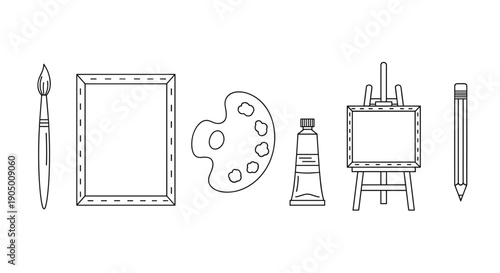 Vector illustration of art supplies including brush palette easel