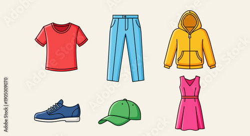 Colorful clothing and accessories arranged in two rows on a beige background
