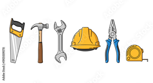 A set of construction tools including a saw, hammer, wrench, hard hat, pliers, and tape measure
