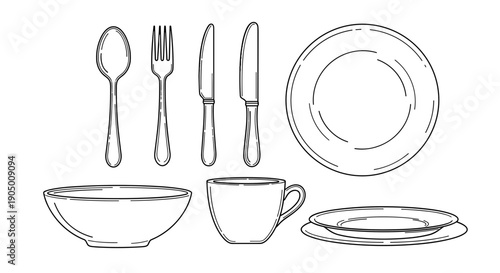 A set of tableware including a plate, bowl, cup, spoon, fork, and knife