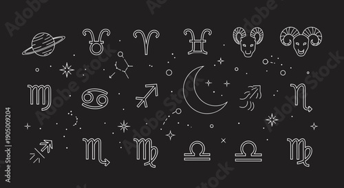 Zodiac signs and symbols in white on with stars and moon