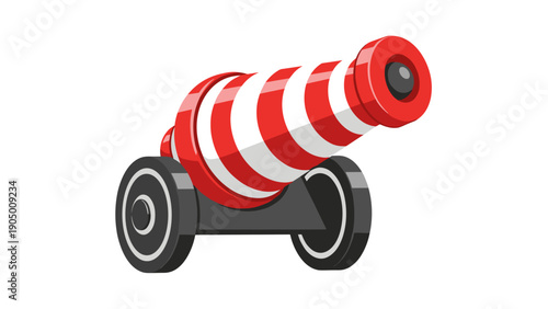 A red and white striped toy cannon wheels