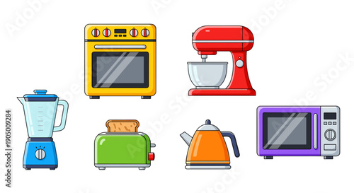 Colorful kitchen appliances including blender toaster kettle and mixer