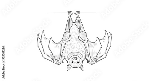 A cute cartoon bat hanging upside down from a branch on a with a sweet expression on its face looking curious