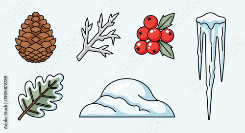 Winter icons including pinecone, holly berries, icicles, and snow on light blue background