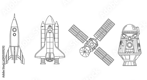 Four different views of a space shuttle and satellite in line art style