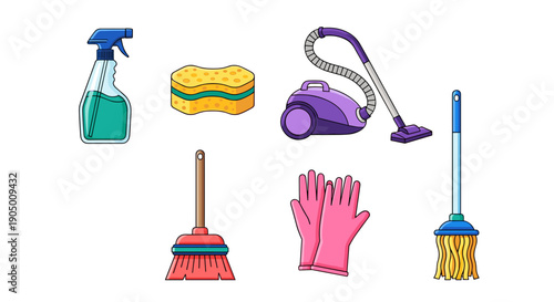 Cleaning supplies and tools including spray bottle sponge vacuum broom