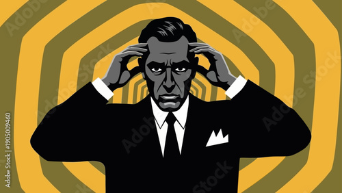 intense man in suit clutching head against a hypnotic swirling background depicting mental pressure stress anxiety and psychological focus.