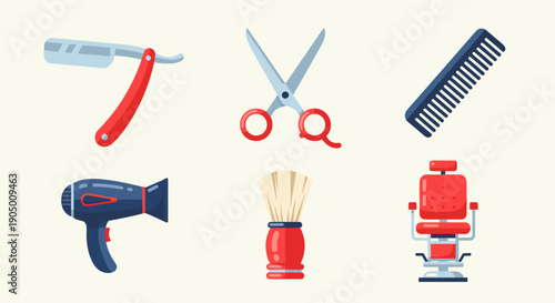 Collection of various barber tools and equipment on a neutral background