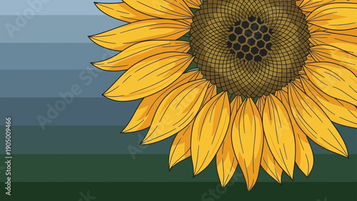 illustration of blooming sunflower bright yellow petals against striped blue and green background ideal for botanical and nature themes