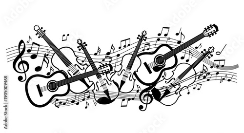A black and white illustration of various musical instruments and notes