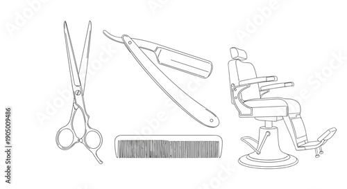 Barber shop tools and chair in a simple line drawing style