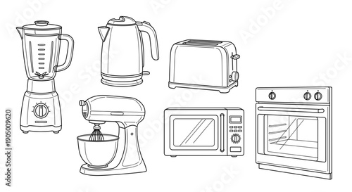 A set of kitchen appliances including blender mixer kettle toaster microwave and oven