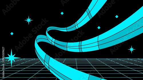 dynamic neon blue digital ribbons flowing through a retro-futuristic grid landscape with sparkling stars evoking 80s aesthetic cyberspace and virtual reality for gaming and tech.