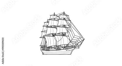 A detailed line drawing of a historic sailing ship with multiple masts and sails