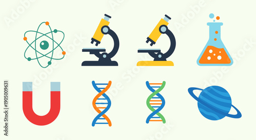 Collection of science icons including atom, microscopes, dna, and laboratory equipment on a light green background