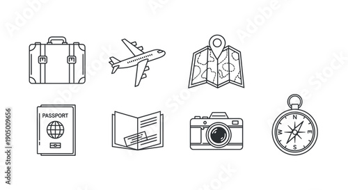 Travel and tourism icons including luggage, airplane, shirt, passport, map, camera, and clock