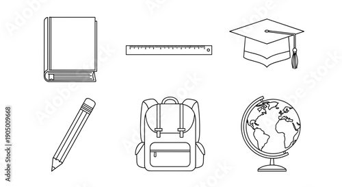 A collection of school supplies and education icons including a book, ruler, graduation cap, pencil, backpack, and globe