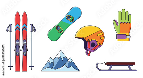 Colorful winter sports equipment icons including skis, snowboard, helmet, glove, and sled