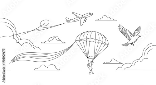 A black and white line drawing of a parachute with a person and airplane flying in the sky with clouds and a bird