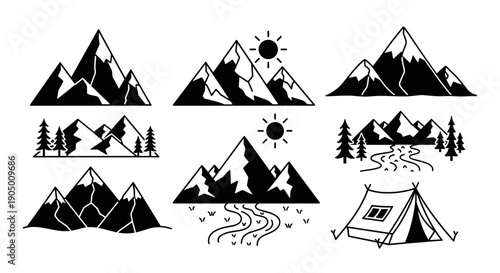 Black and white mountain landscape icons with trees, sun, river, and tent