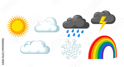 Weather icons set with sun, clouds, rain, snow, lightning, and rainbow on for web and mobile use