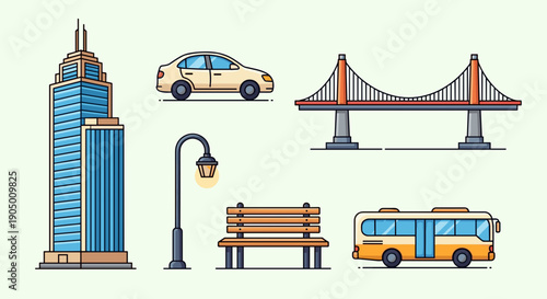 City infrastructure elements including skyscraper, car, bridge, street lamp, bench, and bus on light green background