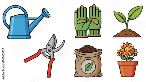 A set of gardening tools and accessories on a for planting flowers and taking care of plants