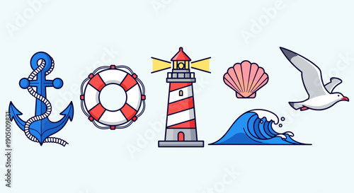 Nautical icons including anchor, lifebuoy, lighthouse, seashell, wave, and seagull on light blue background