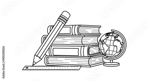 A stack of books with a pencil on top and a globe beside them for education and learning purposes