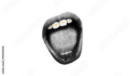 Halftone Screaming Mouth. Female lips. Announcement news