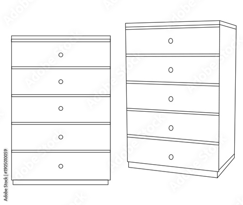 drawer chest Vector Outline front and side view for Architectural and Graphic Design