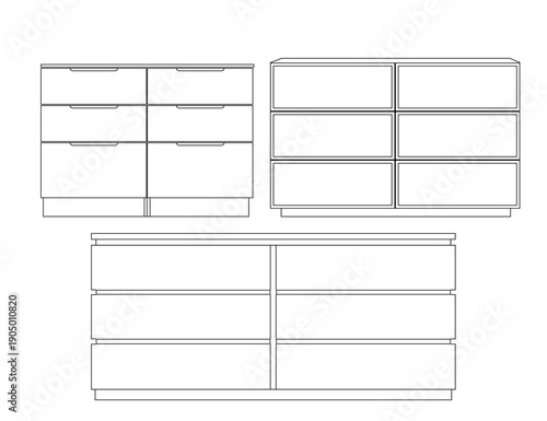 set of drawer chest  Vector Outline front view for Architectural and Graphic Design