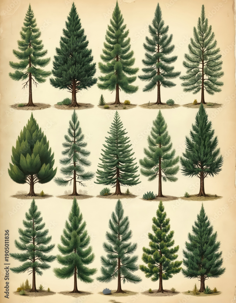Obraz premium Collection of vintage pine tree illustrations. Various coniferous species shown with detailed branches and foliage. Botanical art features evergreen plants against a neutral background.