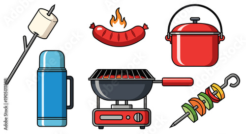 Camping and outdoor cooking icons including grill, food, pot, and utensils