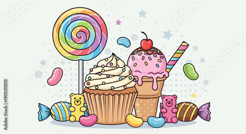 Colorful sweets and treats including cupcakes and candies on a light background with stars