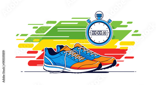 A colorful illustration of a running shoe with a stopwatch on a multicolored background with green, yellow, red and orange hues