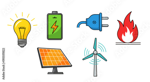 Renewable energy sources icons including solar panel, wind turbine, and battery