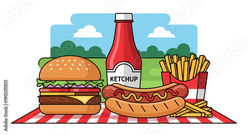 Colorful illustration of a hamburger, hot dog, french fries, and ketchup on a picnic blanket outdoors
