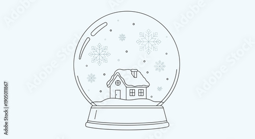 A line drawing of a snow globe with a house and snowflakes inside on a light blue background