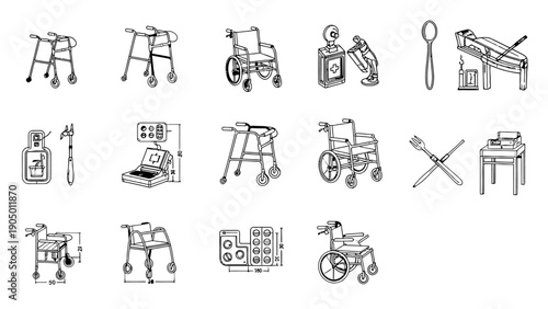 line art collection of medical equipment and mobility aids featuring wheelchairs walkers and vital healthcare design tools.