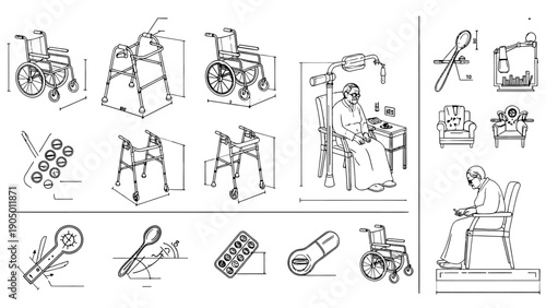 line art depicting elderly care devices mobility aids wheelchairs and walkers for senior accessibility and healthcare support.