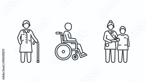 line art icons representing elderly care a senior with a cane a person in a wheelchair and a nurse assisting a patient symbolizing healthcare and support.