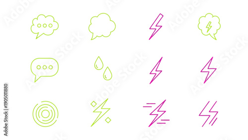 line icons set of chat bubbles lightning bolts and weather symbols in green and magenta ideal for ui design and digital concepts.
