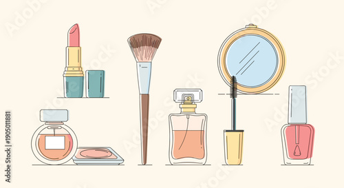 Beauty products and makeup tools arranged on a table with a mirror