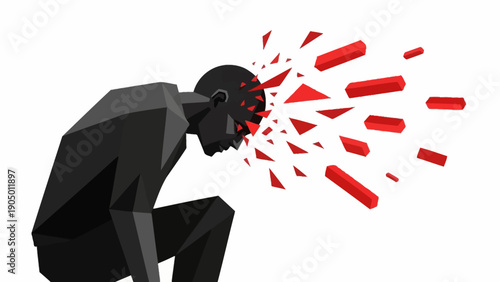 low poly figures head shattering into red fragments symbolizing mental breakdown stress anxiety psychological pain.